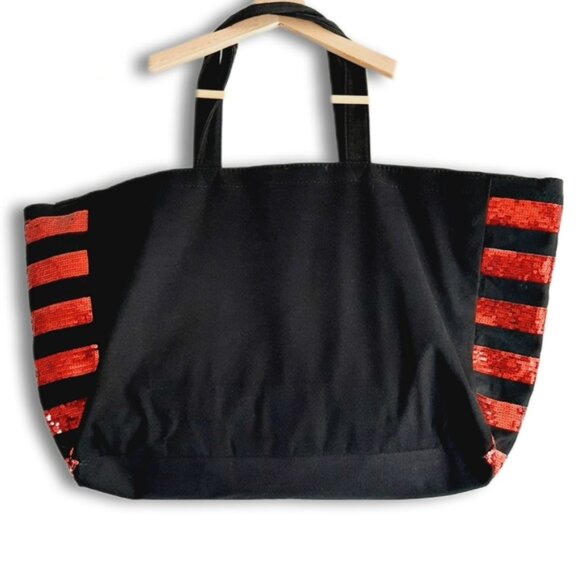 VICTORIA SECRET Canvas Red Sequin Lips Weekender Travel Shopper Tote Bag Black - Picture 8 of 13
